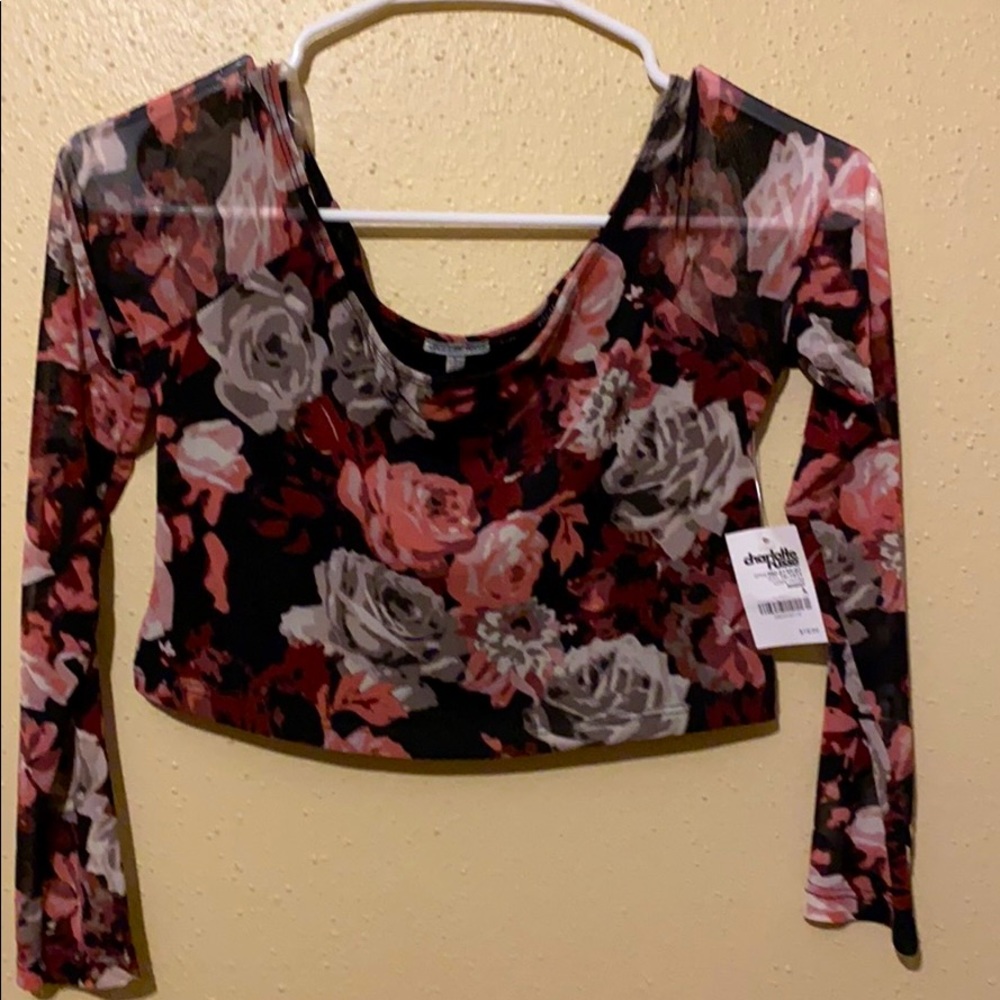 Charlotte Russe Sheer Floral Crop Top Mesh Short Sleeve Size L Y2K